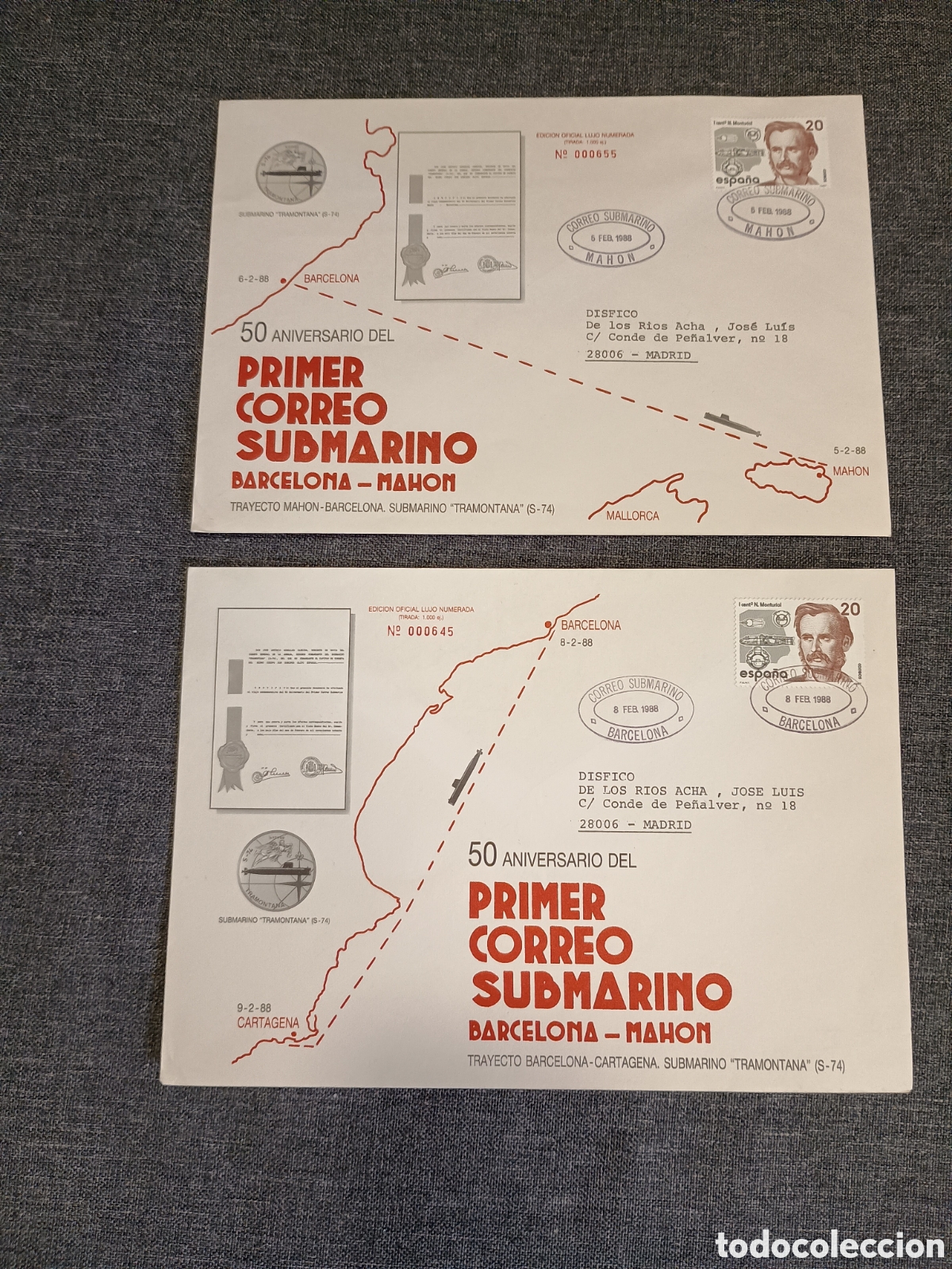 Sellos: ESPA&Ntilde;A 1988 - 50 ANIVERSARIO DEL PRIMER CORREO SUBMARINO BARCELONA - MAH&Oacute;N - NUMERACI&Oacute;N ROJA