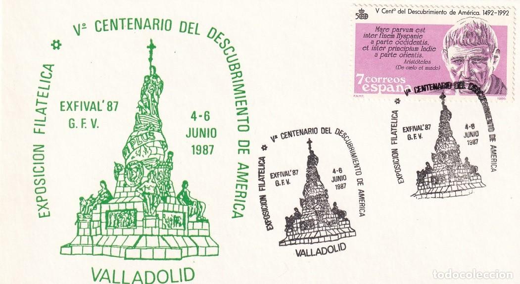 Sellos: Tarjeta Valladolid 1987 - Exfival 87 - Exposici&oacute;n filat&eacute;lica V&ordm; Centenario Descubrimiento de Am&eacute;rica