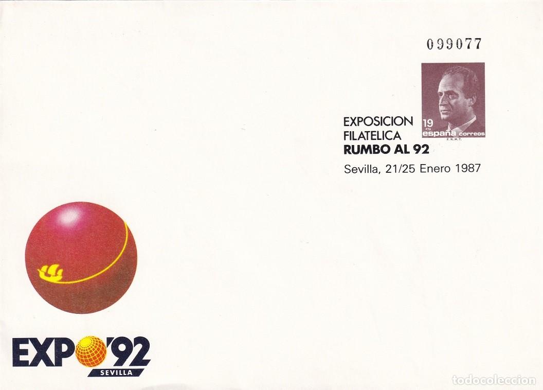 Sellos: Sobre entero postal Sevilla 1987 - Expo 92 Sevilla - Exposici&oacute;n Filat&eacute;lica Rumbo al 92 21/25 Enero