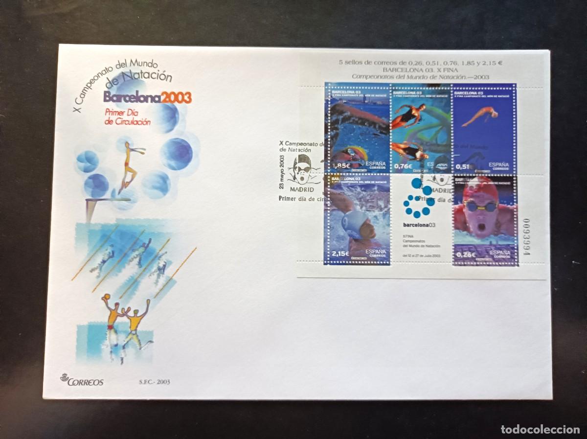 Sellos: Sobre Primer Dia. X Campeonato Mundo Natacion Barcelona 2003. 23 Mayo 2003. Edifil SH 3991.