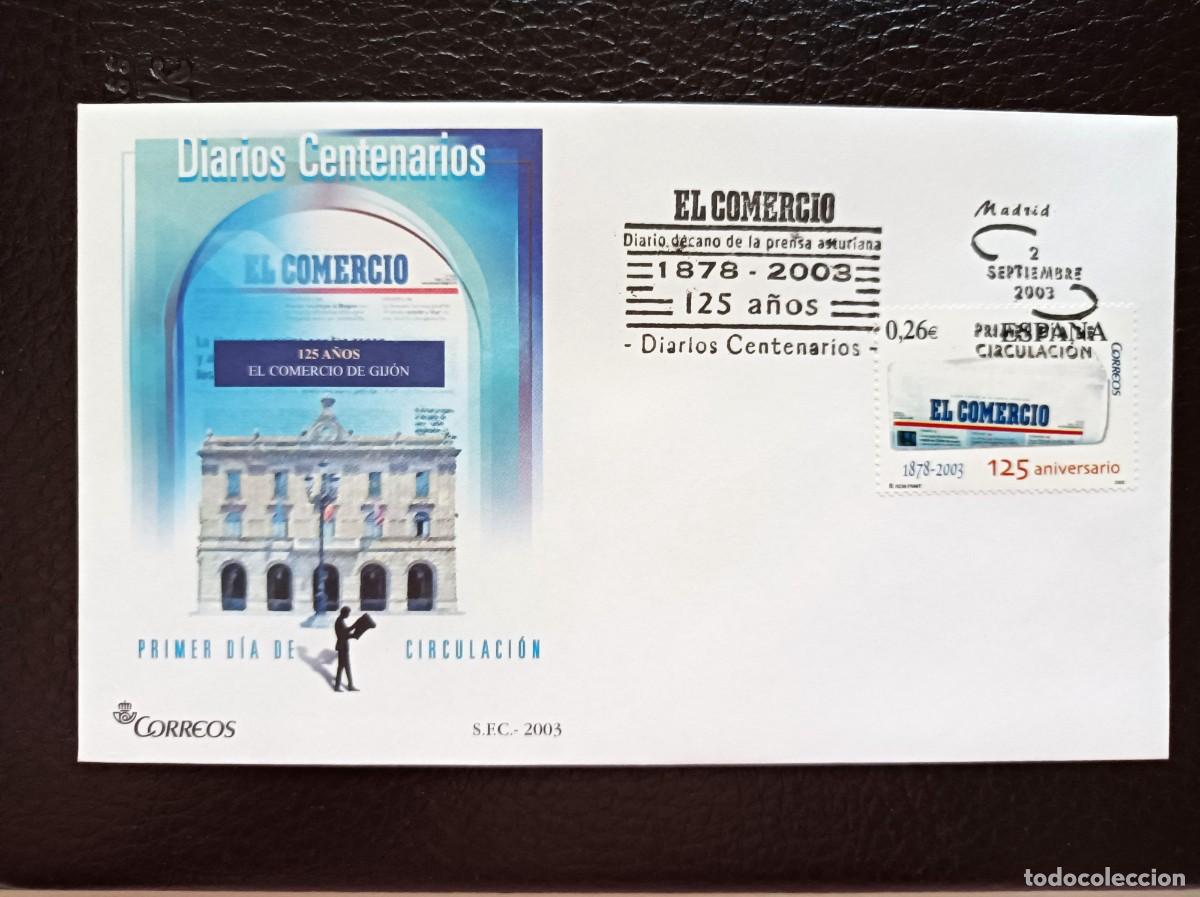 Sellos: Sobre Primer Dia. Diarios Centenarios. 125 A&ntilde;os El Comercio de Gij&oacute;n. 2 Septiembre 2003. Edifil 4012
