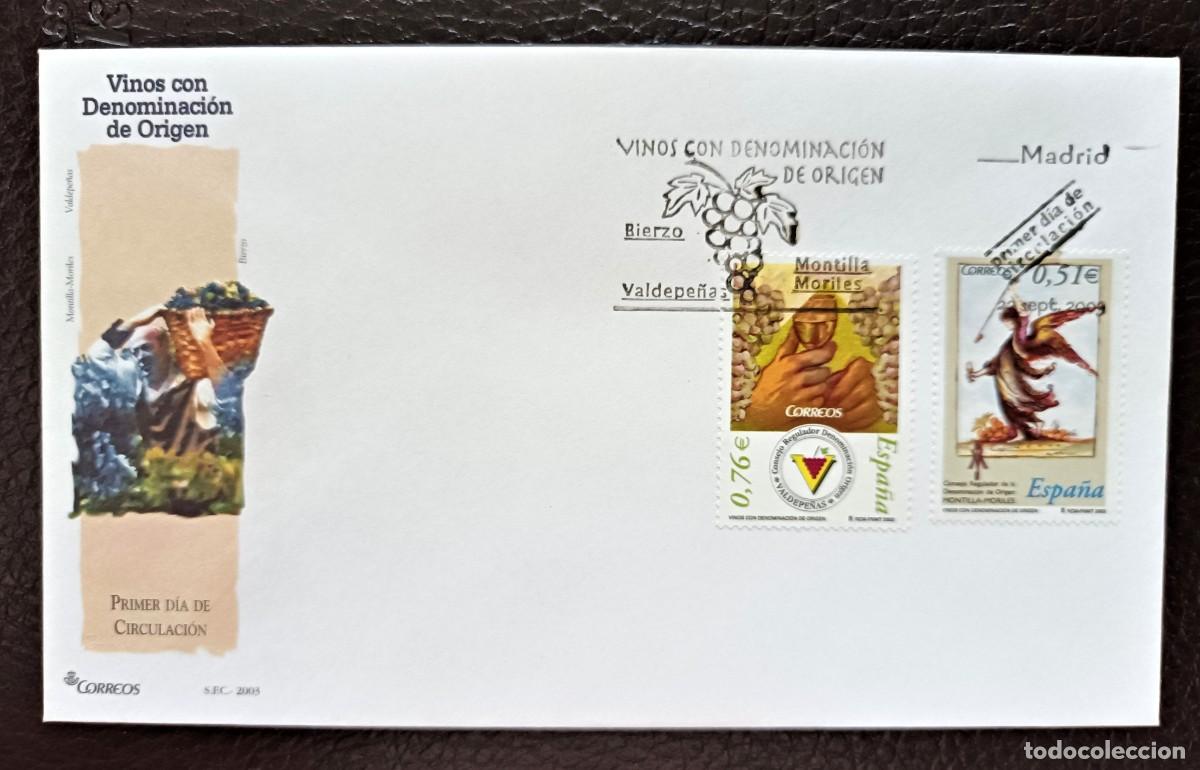 Sellos: S. Primer Dia. Vinos Denominaci&oacute;n O. Valdepe&ntilde;as y Moriles Montilla. 22 Septiembre. Edifil 4016/17