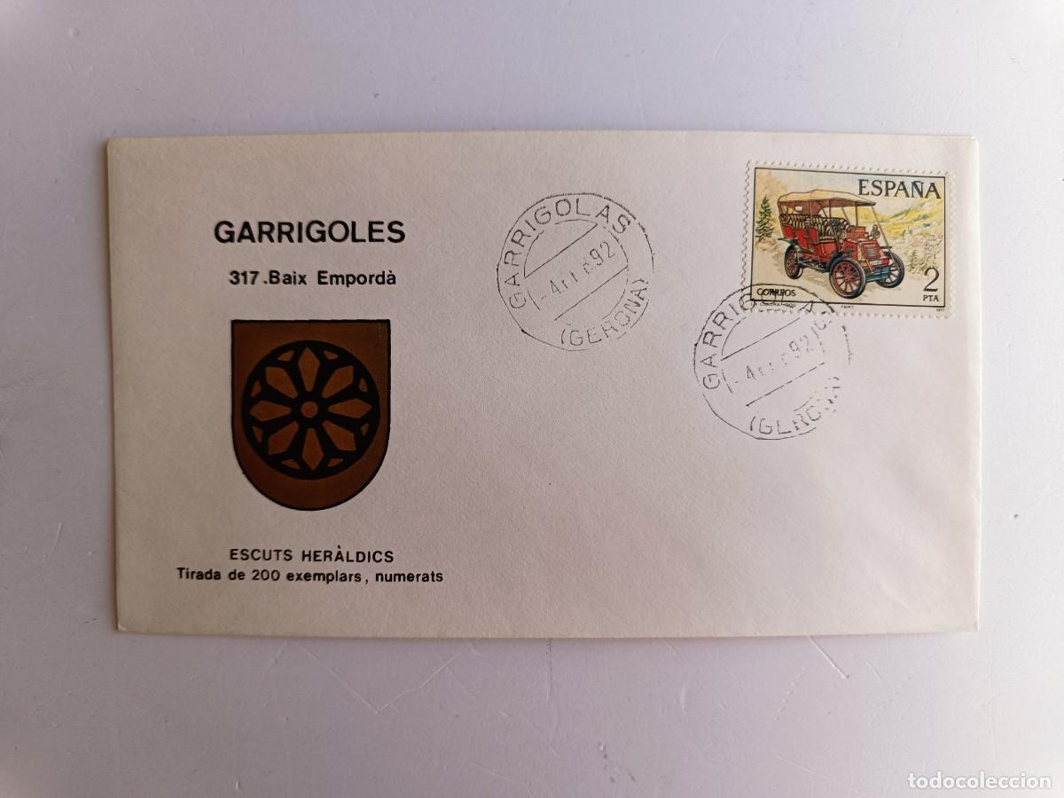 Sellos: MATASELLOS EN SOBRE ILUSTRADO CON ESCUDO DE LA POBLACI&Oacute;N DE GARRIGOLES- BAIX EMPORD&Agrave; - GERONA
