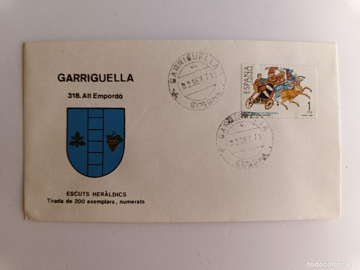 Sellos: MATASELLOS EN SOBRE ILUSTRADO CON ESCUDO DE LA POBLACI&Oacute;N DE GARRIGUELLA- ALT EMPORD&Agrave; - GERONA