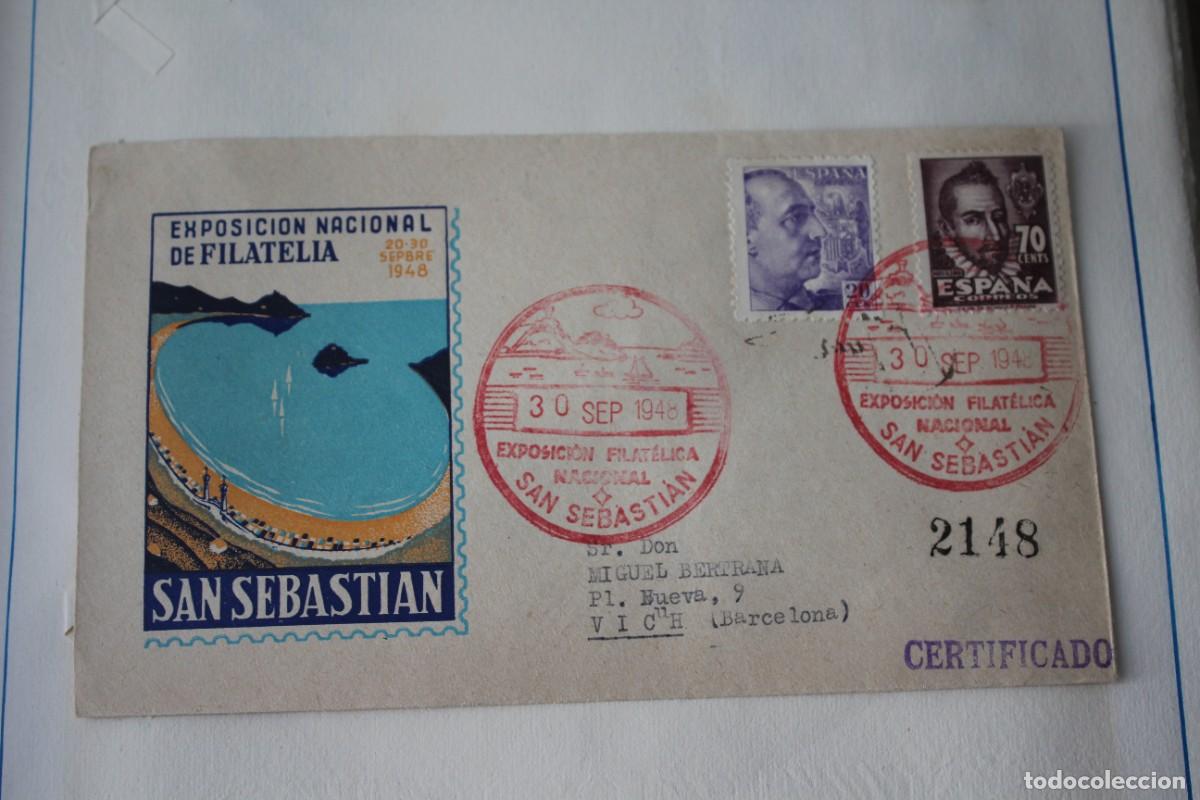 Sellos: SOBRE Y MATASELLOS CONME. EXPOSICION NACIONAL FILATELICA SAN SEBASTIAN 1948 - EDIF:1047/1036
