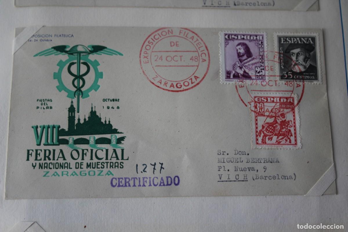 Sellos: SOBRE Y MATASELLOS CONME VIII FERIA OFICIAL Y NACIONAL MUESTRAS ZARAGOZA 14 OCT 1948-EDIF:1033/34/35