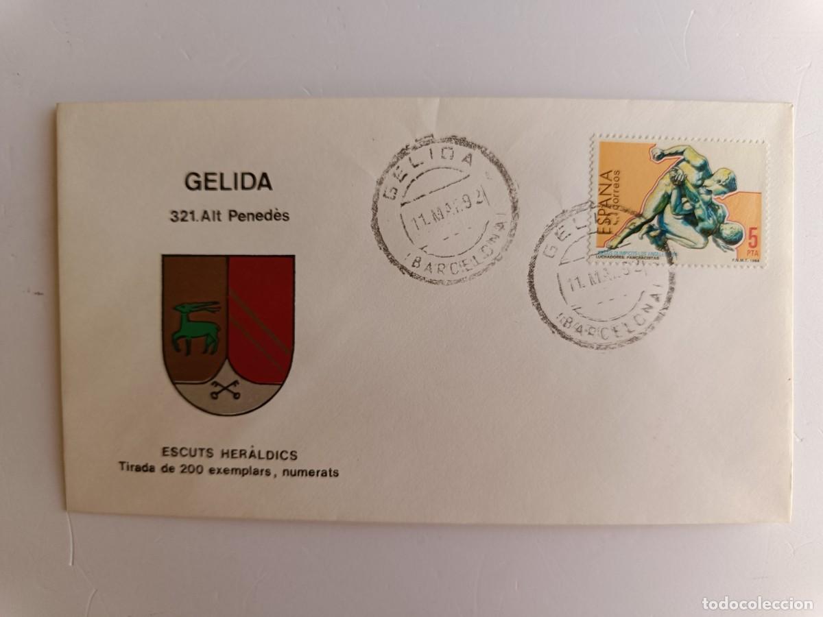 Sellos: MATASELLOS EN SOBRE ILUSTRADO CON ESCUDO DE LA POBLACI&Oacute;N DE GELIDA - ALT PENED&Egrave;S - BARCELONA