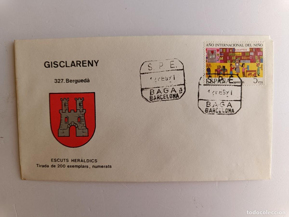 Sellos: MATASELLOS EN SOBRE ILUSTRADO CON ESCUDO DE LA POBLACI&Oacute;N DE GISCLARENY - BERGUED&Agrave; - BARCELONA