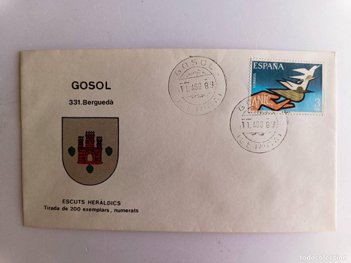 Sellos: MATASELLOS EN SOBRE ILUSTRADO CON ESCUDO DE LA POBLACI&Oacute;N DE GOSOL - BERGUED&Agrave; - LERIDA
