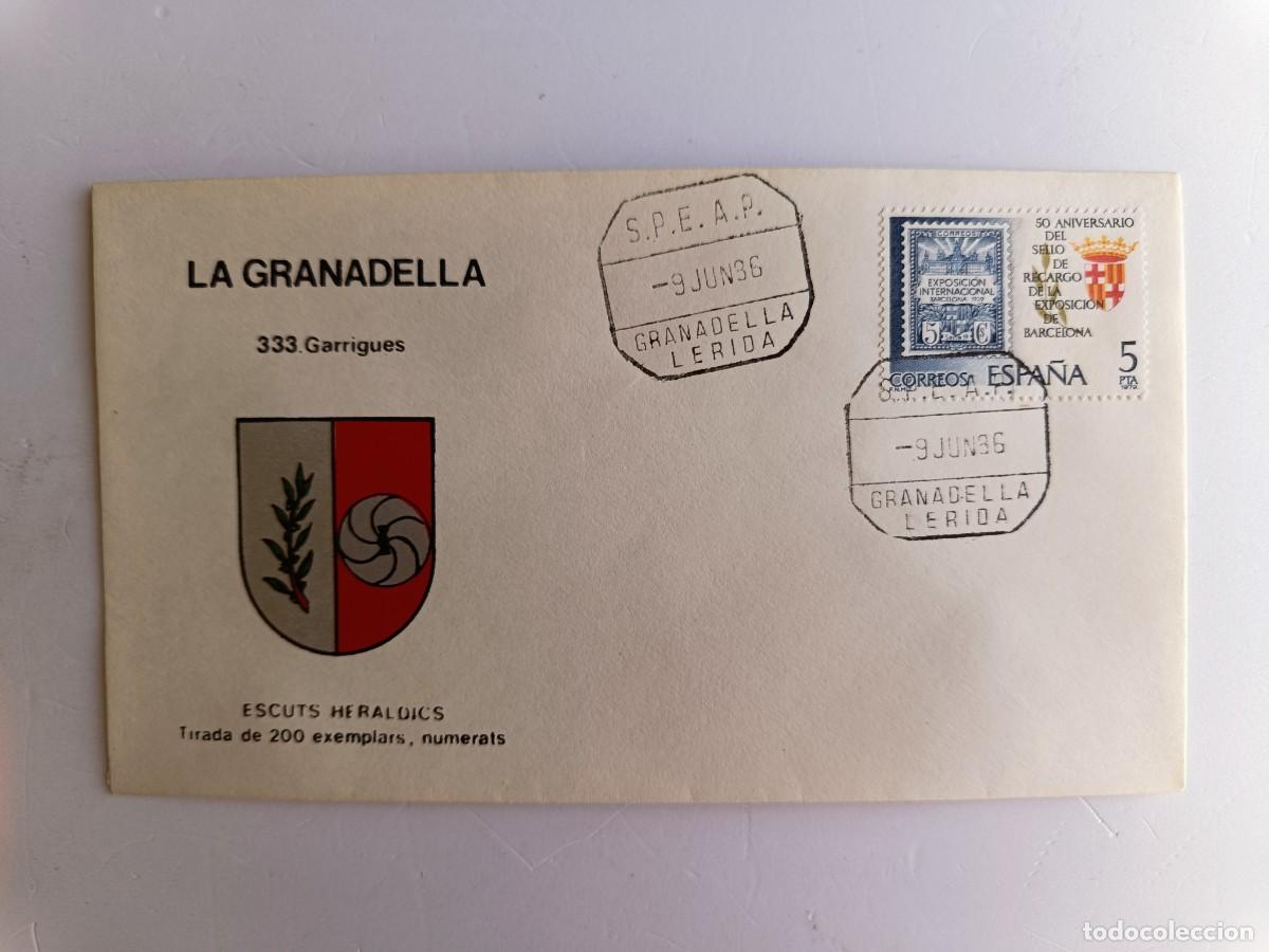 Sellos: MATASELLOS EN SOBRE ILUSTRADO CON ESCUDO DE LA POBLACI&Oacute;N DE LA GRANADELLA - GARRIGUES - LERIDA