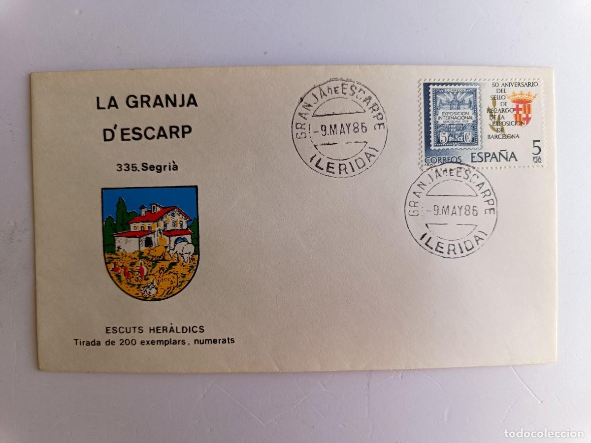 Sellos: MATASELLOS EN SOBRE ILUSTRADO CON ESCUDO DE LA POBLACI&Oacute;N DE LA GRANJA D&Egrave;SCARP - SEGRI&Agrave; - LERIDA