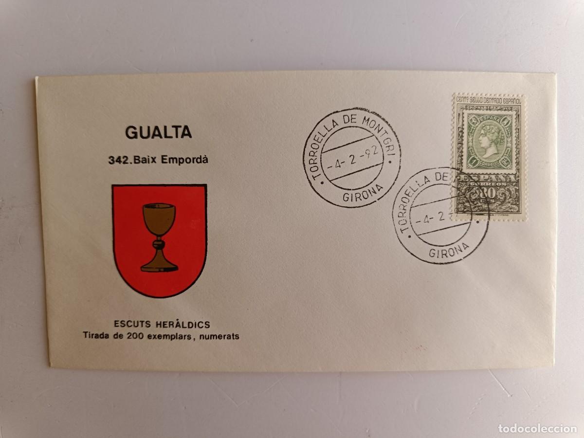 Sellos: MATASELLOS EN SOBRE ILUSTRADO CON ESCUDO DE LA POBLACI&Oacute;N DE GUALTA - BAIX EMPORD&Agrave; - GIRONA