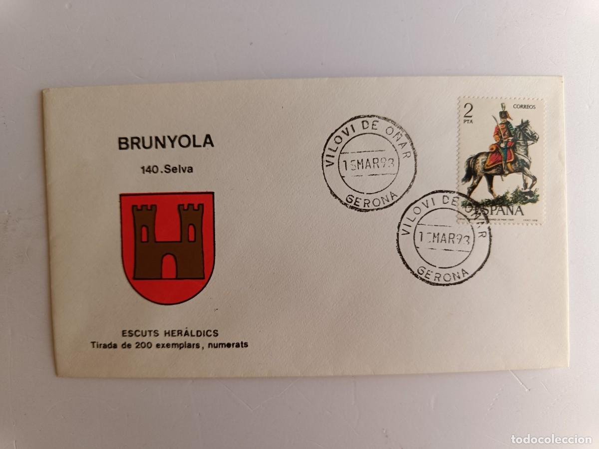 Sellos: MATASELLOS EN SOBRE ILUSTRADO CON ESCUDO DE LA POBLACI&Oacute;N DE BRUNYOLA - SELVA - GIRONA