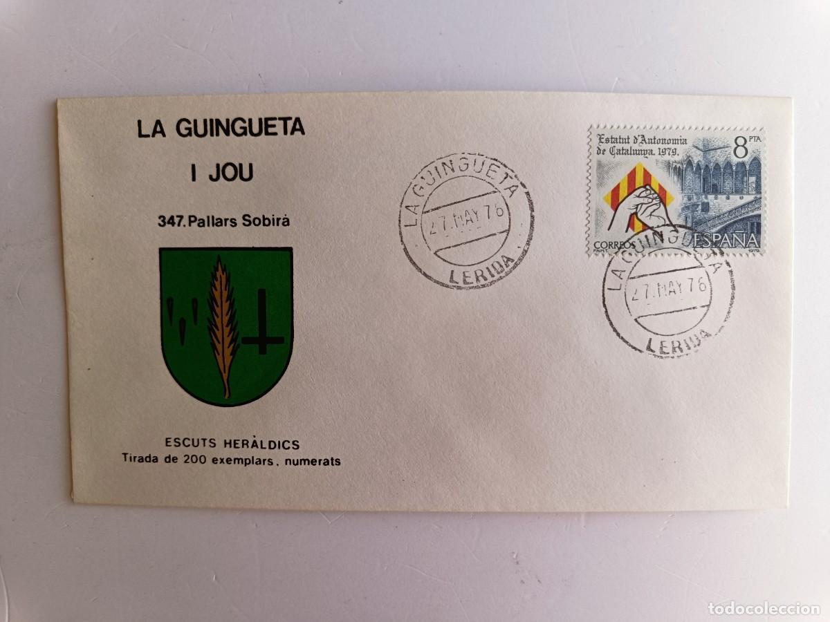 Sellos: MATASELLOS EN SOBRE ILUSTRADO CON ESCUDO DE LA POBLACI&Oacute;N LA GUINGUETA I JOU - PALLARS SOBI - LERIDA
