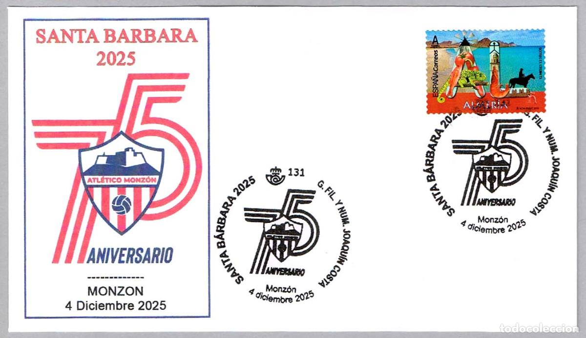 Sellos: Matasellos 75 ANIV. ATLETICO MONZON - FUTBOL. Monzon, Huesca, Aragon, 2025