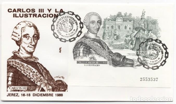 Sellos: SOBRE PRIMER DIA DE CIRCULACION CARLOS III Y LA ILUSTRACION N&ordm; 2553537 JEREZ 1988