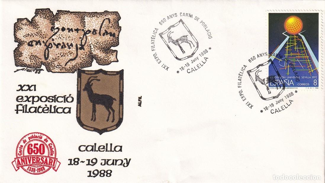 Sellos: Sobre en Alfil Calella 1988 - XXI Exposici&oacute; filat&egrave;lica - 650 Anys Carta de poblaci&oacute; 1338-1988