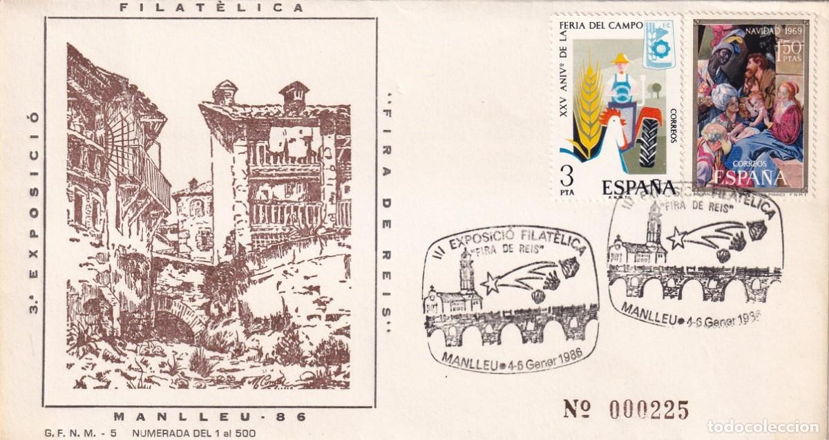 Sellos: Sobre Manlleu 1986 - III Exposici&oacute; filat&egrave;lica Fira de Reis - N&ordm; 225 de 500 - Matasellos especiales