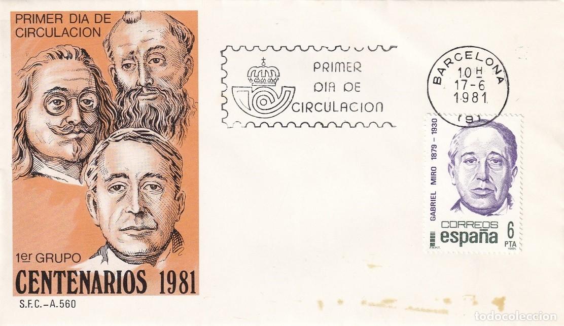 Sellos: SPD Barcelona 1981 - 1er grupo Centenarios 1981 - Gabriel Mir&oacute; - Primer d&iacute;a de circulaci&oacute;n FDC