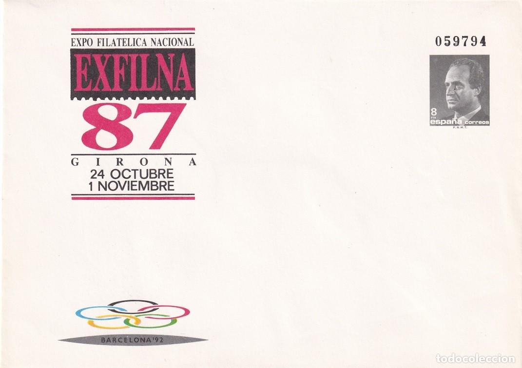 Sellos: Sobre entero postal Girona 1987 - Exfilna 87 Expo Filat&eacute;lica Nacional - Barcelona 92 - Banyoles