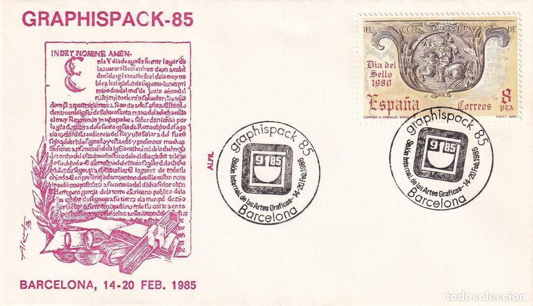 Sellos: Sobre en Alfil Barcelona 1985 - Sal&oacute;n Internacional de las Artes gr&aacute;ficas Graphispack 85