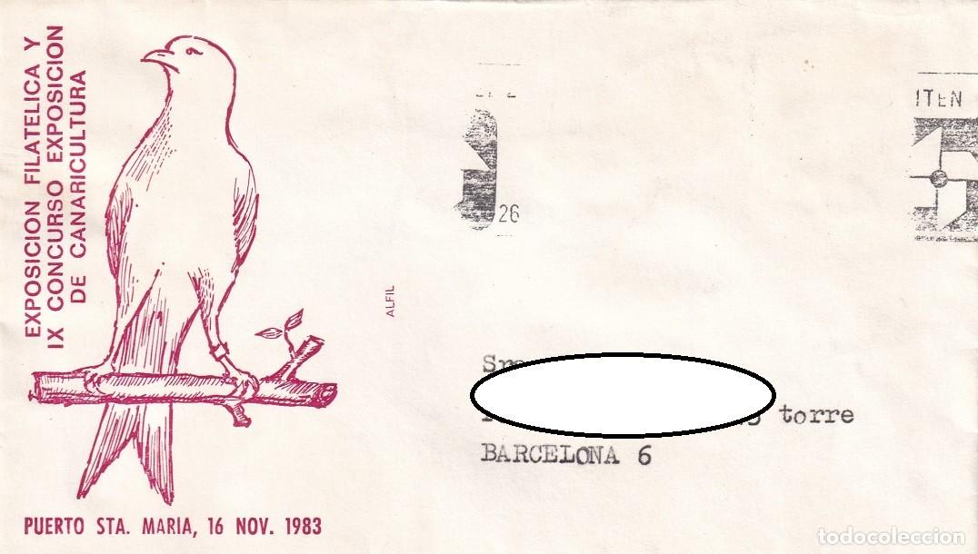 Sellos: Sobre Alfil Puerto Sta. Mar&iacute;a 1983 - Exposici&oacute;n filat&eacute;lica y IX Concurso exposici&oacute;n de canaricultura