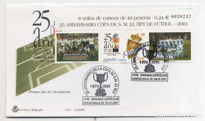 Sellos: Sobre primer dia 25 aniversario de la Copa de S.M. el Rey de F&uacute;tbol Espa&ntilde;a 2001 Zaragoza campeon