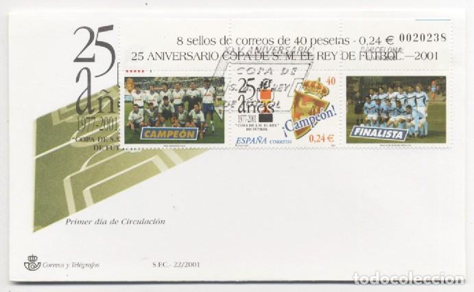 Sellos: Sobre primer dia 25 aniversario de la Copa de S.M. el Rey de F&uacute;tbol Espa&ntilde;a 2001 Zaragoza Campe&oacute;n