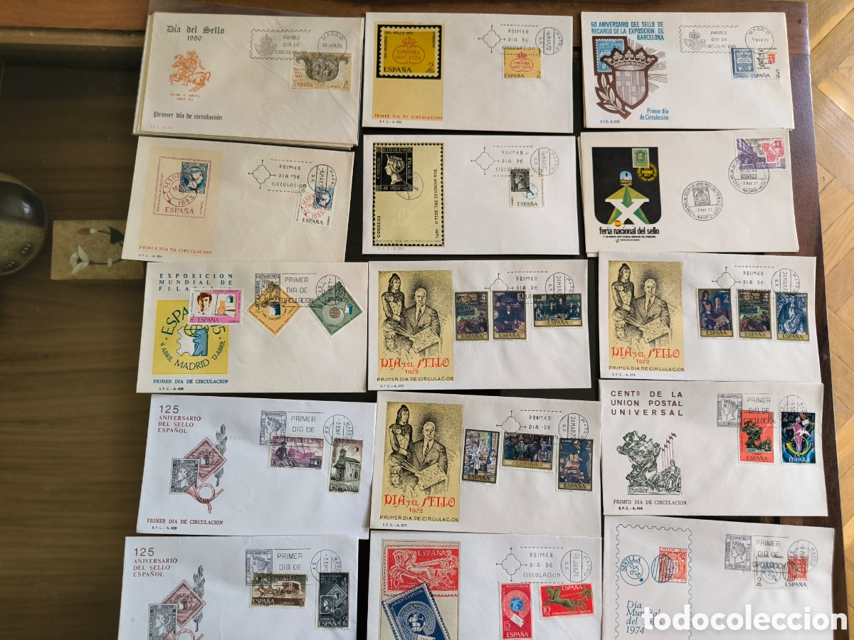 Sellos: 69 Sobres PDC Filatelia, D&iacute;a mundial del sello , Mercado filatelico,etc