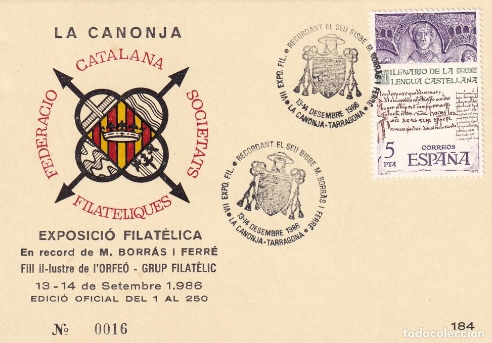 Sellos: Tarjeta La Canonja 1986 - Bisbe M. Borr&agrave;s i Ferrer - Orfe&oacute; - VII Expo. fil. - N&ordm; 16 de 250