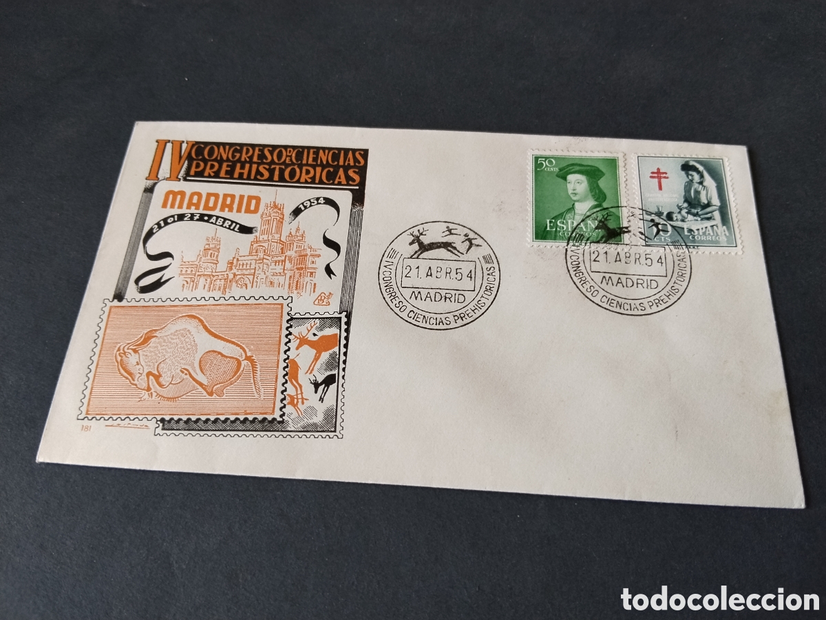 Sellos: Sobre primer d&iacute;a de circulaci&oacute;n lV congreso de ciencias prehist&oacute;ricas Madrid 1954