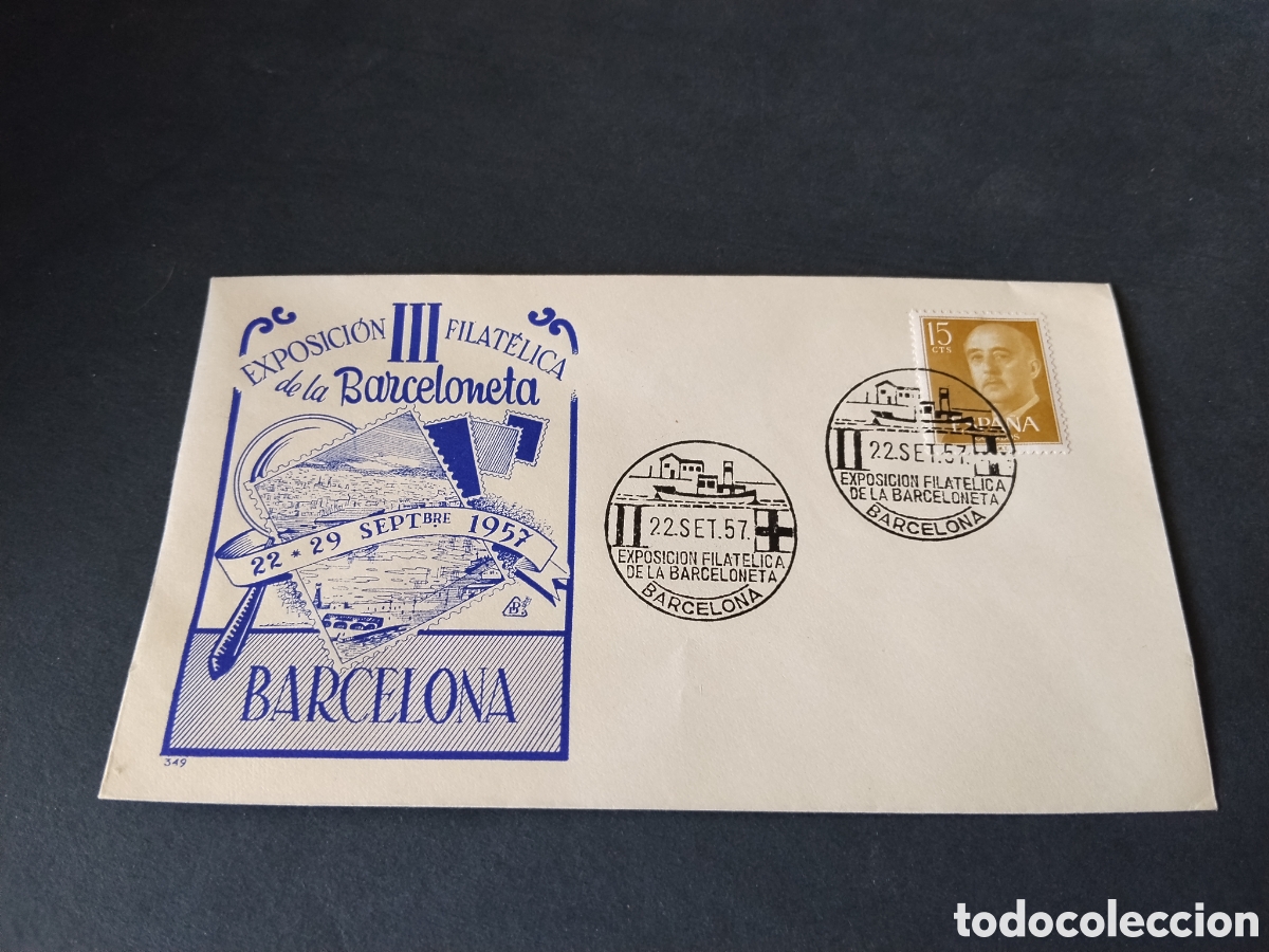 Sellos: Sobre primer d&iacute;a de circulaci&oacute;n lll exposici&oacute;n filat&eacute;lica de la Barceloneta 1957