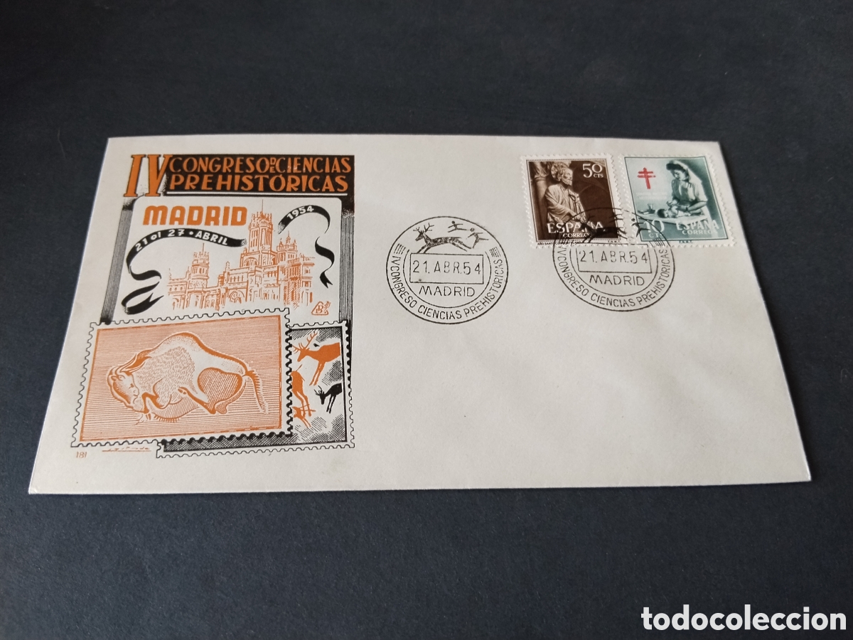 Sellos: Sobre primer d&iacute;a de circulaci&oacute;n lV congreso de ciencias sociales prehist&oacute;ricas Madrid 1954