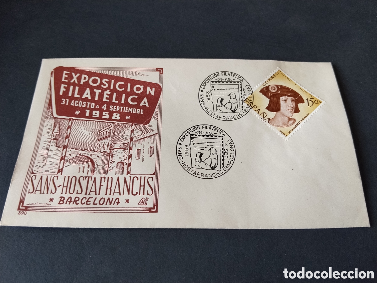 Sellos: Sobre primer d&iacute;a de circulaci&oacute;n exposici&oacute;n filat&eacute;lica 1958 sans hostafranchs