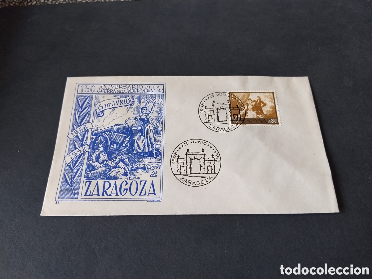 Sellos: Sobre primer d&iacute;a de circulaci&oacute;n 150 aniversario de la guerra de la independencia Zaragoza 1958
