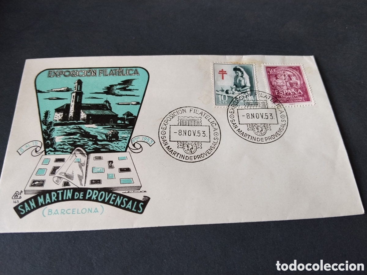 Sellos: Sobre primer d&iacute;a de circulaci&oacute;n exposici&oacute;n filat&eacute;lica San Mart&iacute;n de Provensals 1953