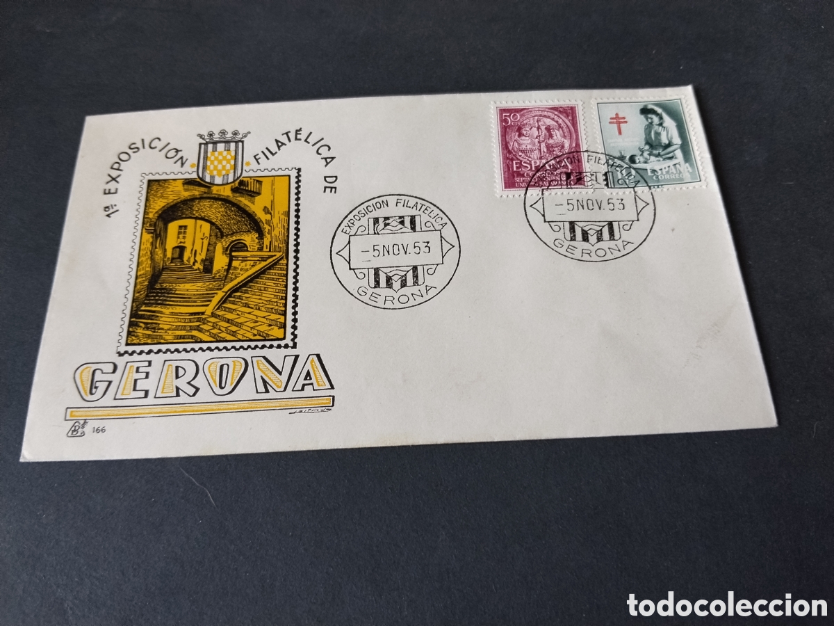 Sellos: Sobre primer d&iacute;a de circulaci&oacute;n 1 exposici&oacute;n filat&eacute;lica de Gerona 1953