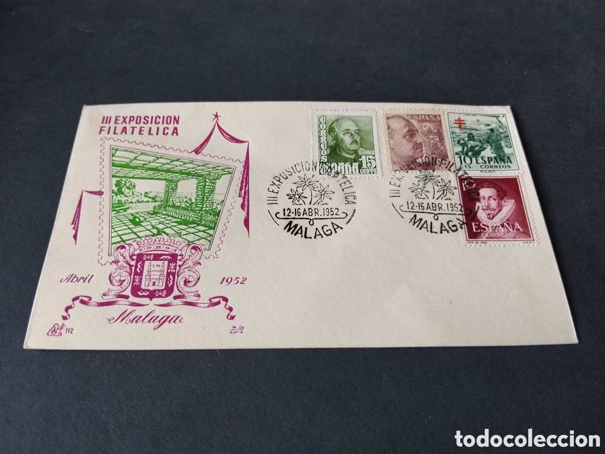 Sellos: Sobre primer d&iacute;a de circulaci&oacute;n lll exposici&oacute;n filat&eacute;lica M&aacute;laga 1952