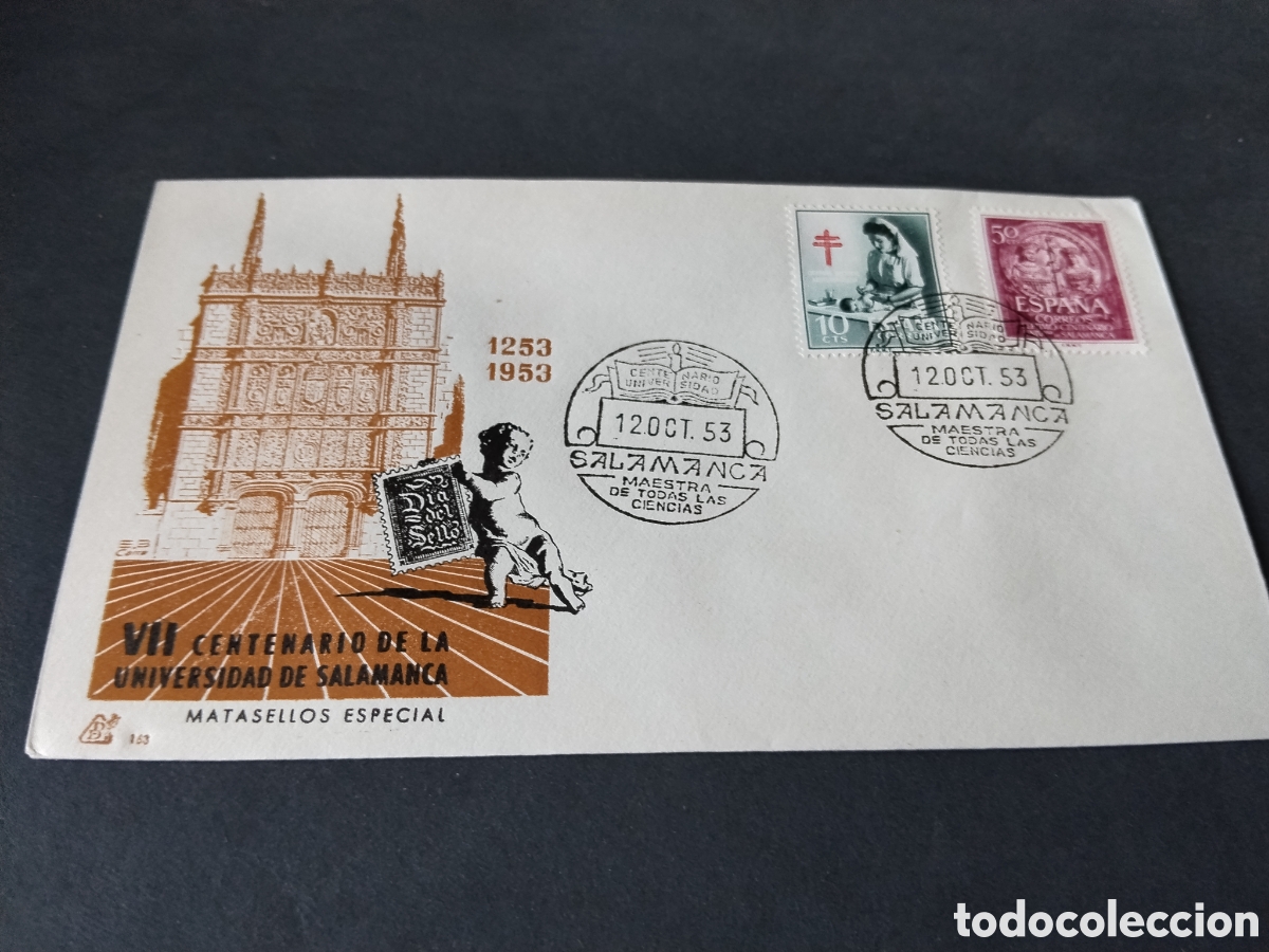 Sellos: Sobre primer d&iacute;a de circulaci&oacute;n Vll centenario de la universidad de Salamanca 1953