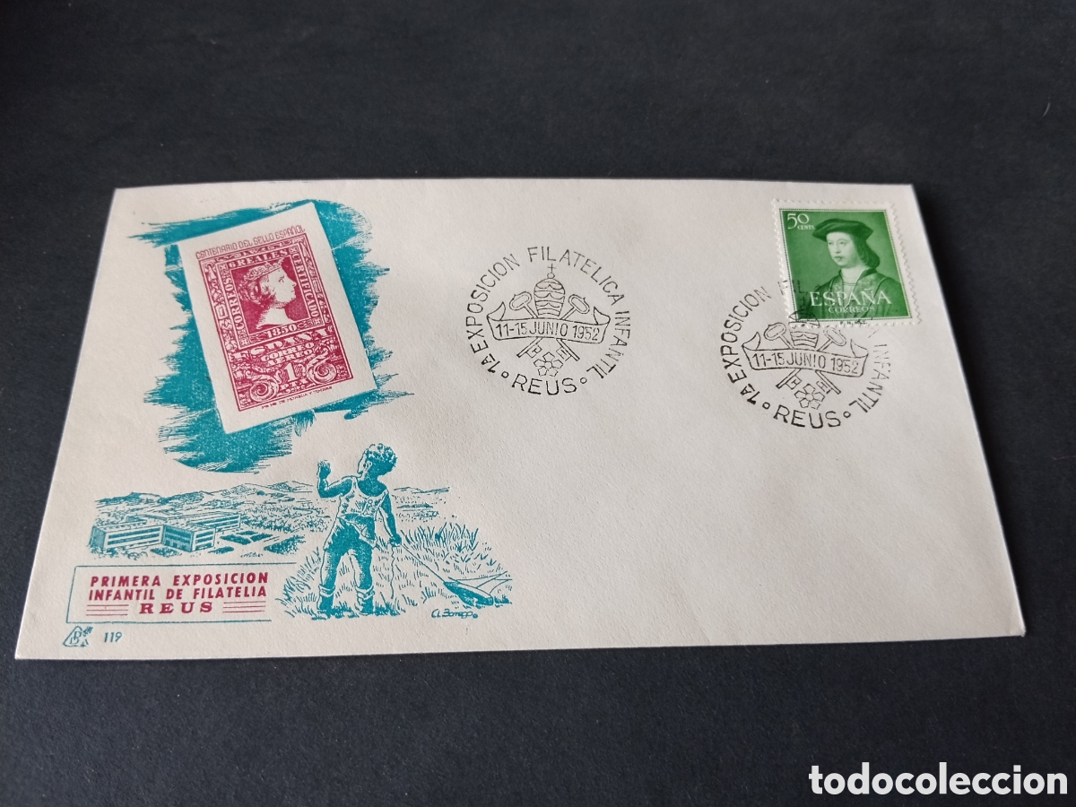 Sellos: Sobre primer d&iacute;a de circulaci&oacute;n 1 exposici&oacute;n infantil de filatelia REUS 1952