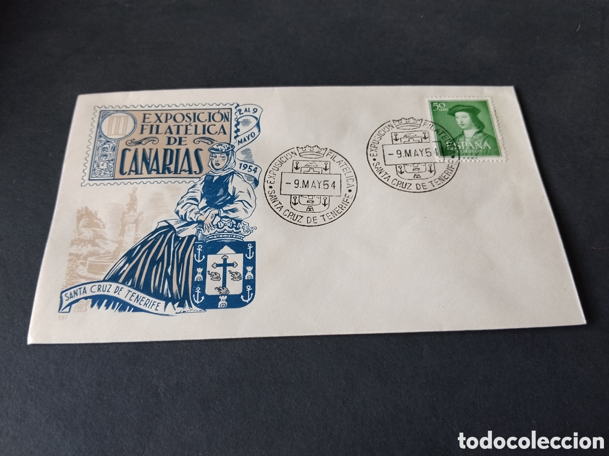Sellos: Sobre primer d&iacute;a de circulaci&oacute;n lll exposici&oacute;n filat&eacute;lica de Canarias 1954