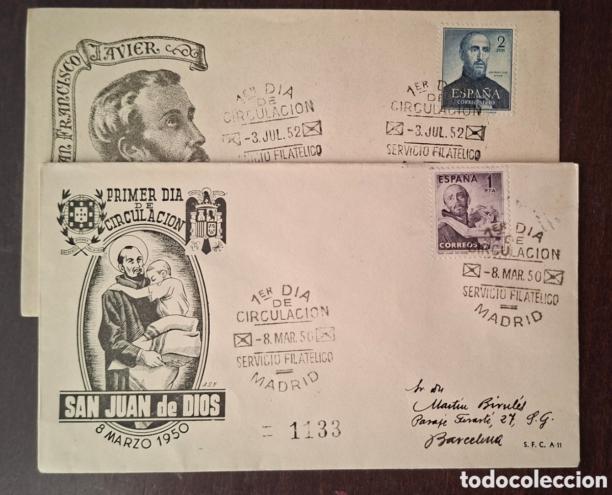 Sellos: Dos sobres primer dia circulados servicio filatelico Francisco Javier y san juan de dios 1950-52