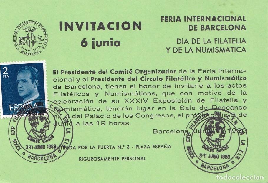 Sellos: Invitaci&oacute;n 6 Junio 1980 - Carles Buigas Feria Internacional de Barcelona D&iacute;a Filatelia y Numism&aacute;tica