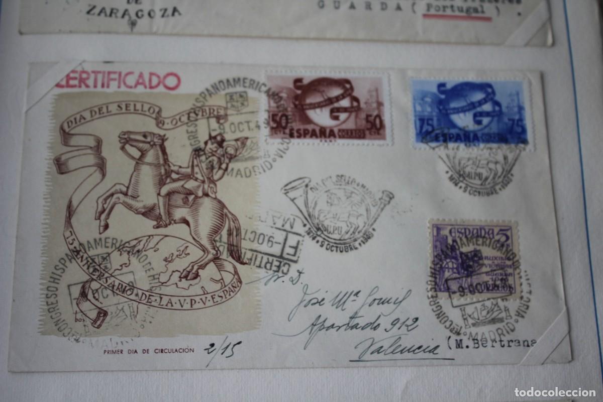 Sellos: SOBRE PRIMER DIA UPU-MATASELLOS DIA DEL SELLO/CONGR. HISPANOAMER/CERTIF. 9 OCT 1949-EDIF:1062/63/64