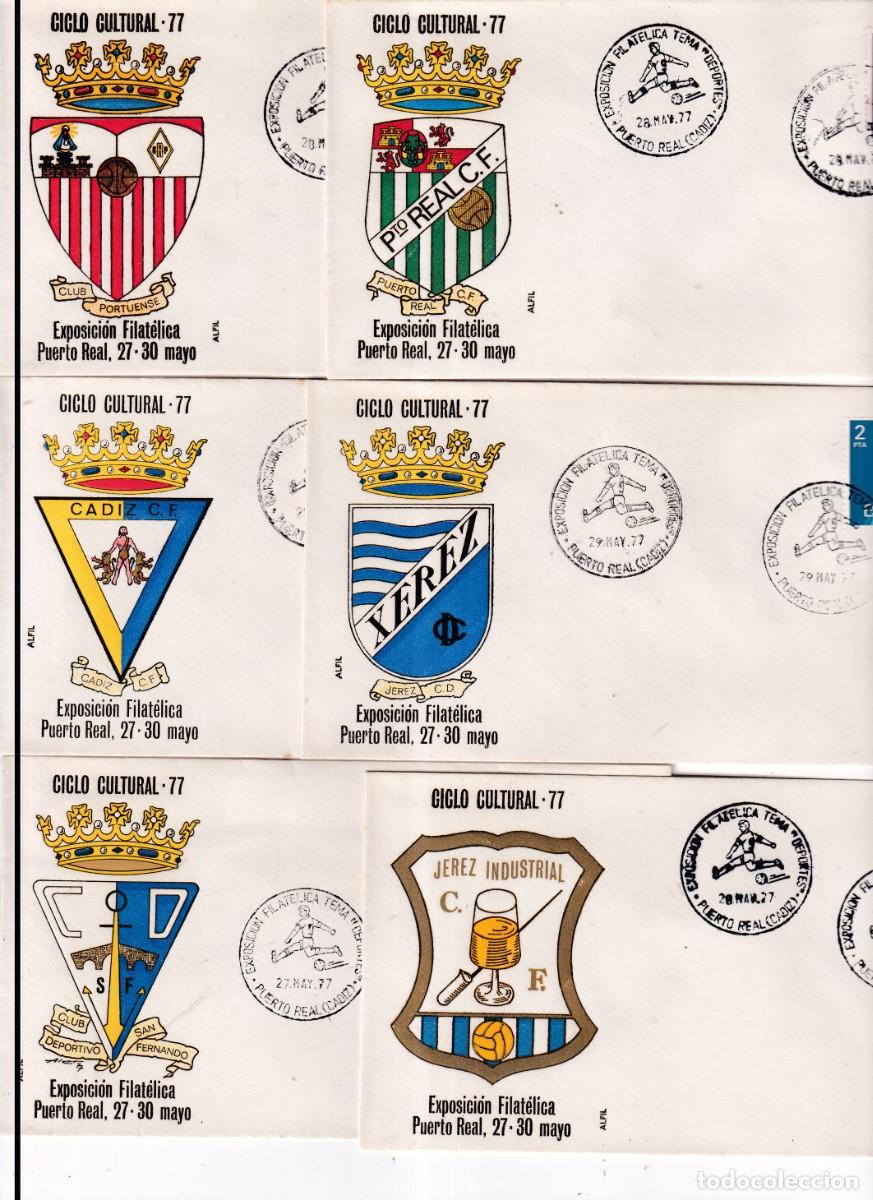 Sellos: PUERTO REAL - CICLO CULTURAL 77 - 1977 - DEPORTES FUTBOL -ESCUDOS CADIZ JEREZ SAN FERNANDO PORTUENSE
