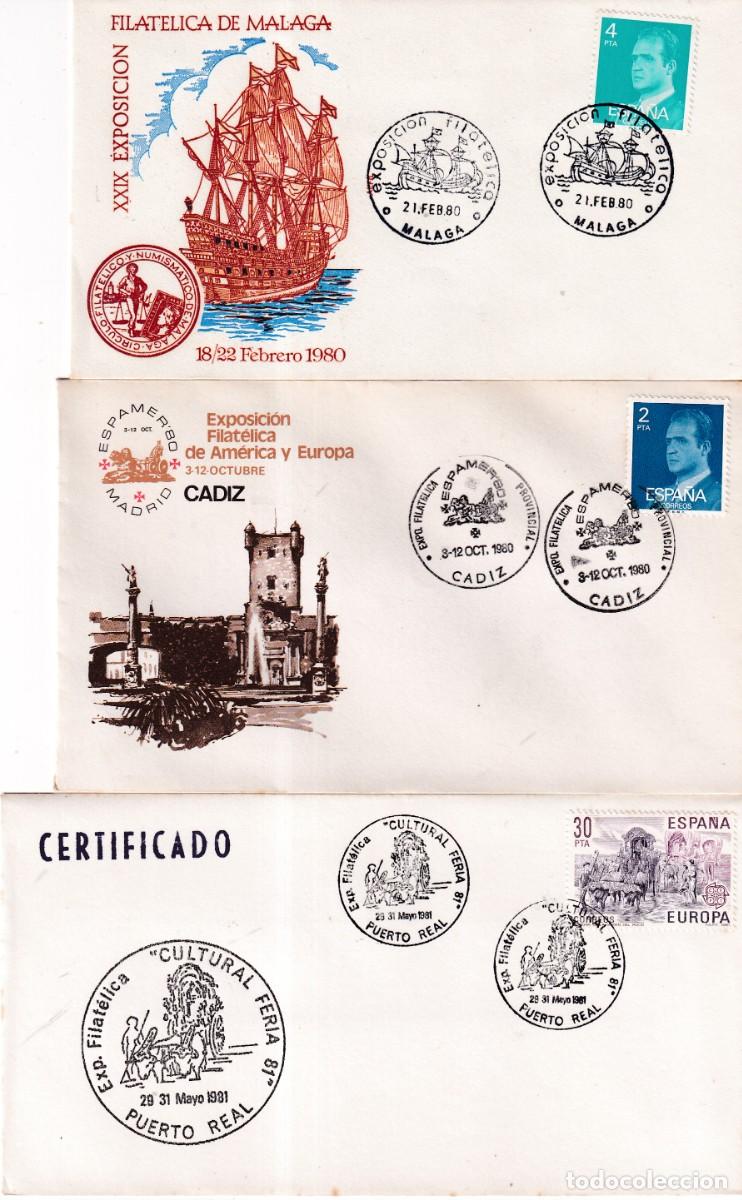 Sellos: LOTE DE 3 SOBRES CON MATASELLOS DE MALAGA, CADIZ, PUERTO REAL - A&Ntilde;OS 1980 Y 1981 - EXPAMER, CULTURAL