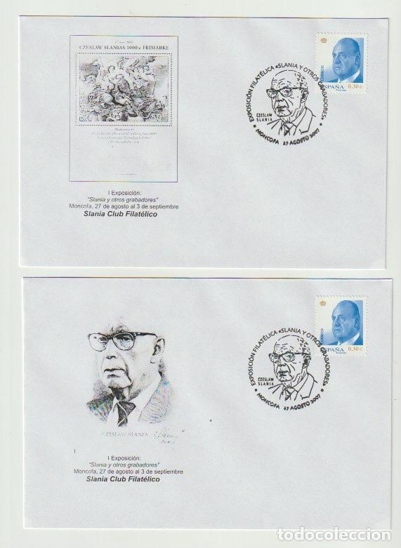 Sellos: 2 Sobres de emisi&oacute;n privada con matasellos conmemorativo I Exposici&oacute;n Slania y otros grabadores.