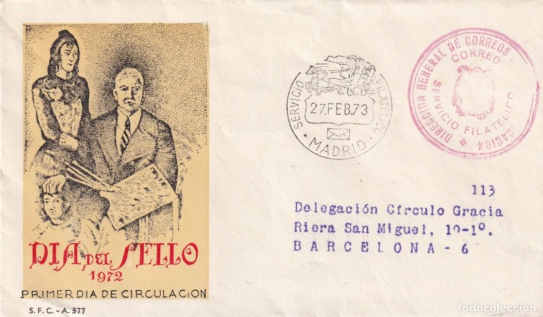 Sellos: SPD Madrid 1973 - Servicio Filat&eacute;lico - D&iacute;a del sello 1972 - Primer d&iacute;a de circulaci&oacute;n - Matasellos