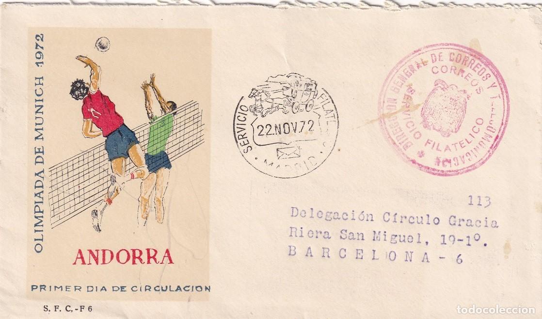 Sellos: SPD Madrid 1972 - Servicio Filat&eacute;lico - Olimpiada de Munich 1972 Andorra - Primer d&iacute;a de circulaci&oacute;n