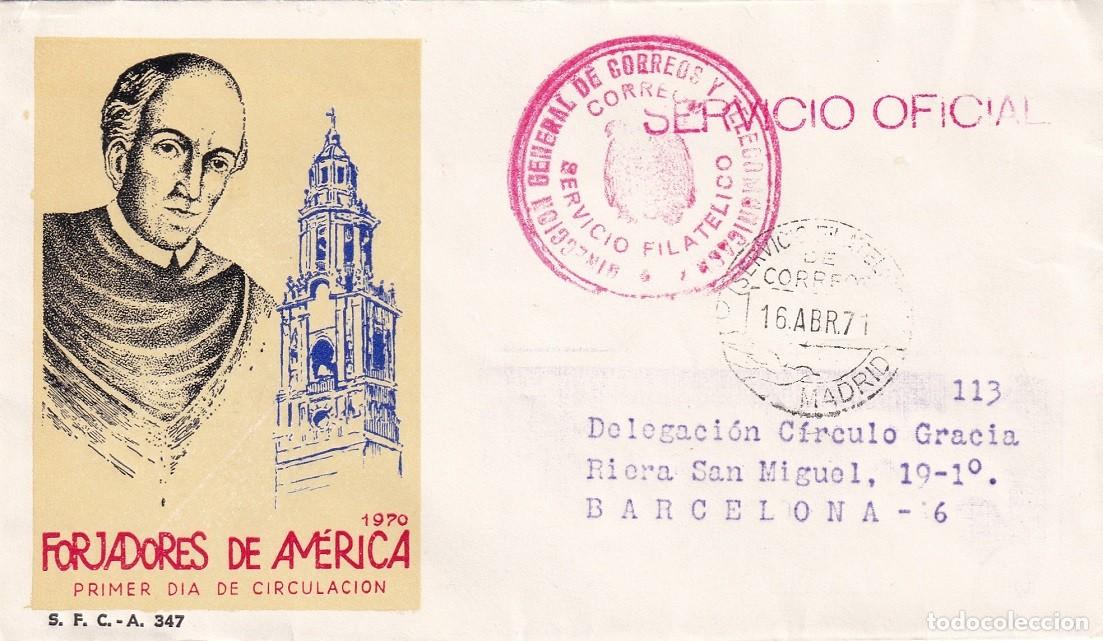 Sellos: SPD Madrid 1971 - Servicio Filat&eacute;lico - Forjadores de Am&eacute;rica 1970 - Primer d&iacute;a de circulaci&oacute;n